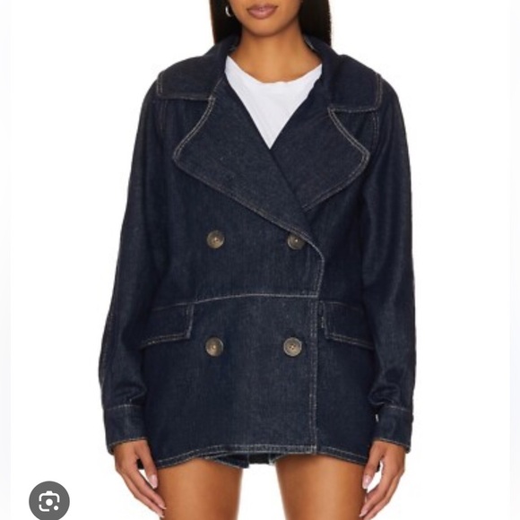 Free People - Denim Car Jacket NWOT L Double Breasted Pockets -Oversized Size M - Picture 1 of 11
